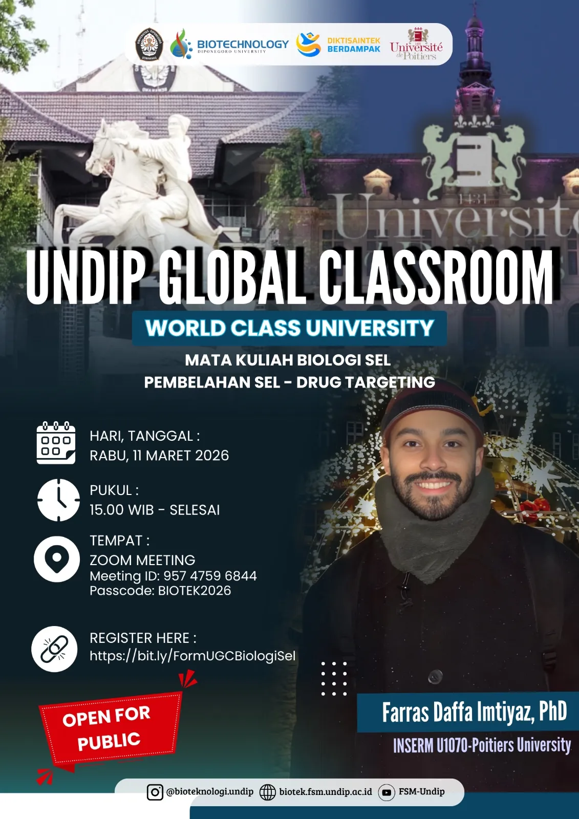 Prodi Bioteknologi UNDIP menggandeng Université de Poitiers Perancis melalui Kuliah Program UNDIP GLOBAL CLASSROOM tentang APLIKASI BIOLOGI SEL UNTUK NANODRUG DELIVERY